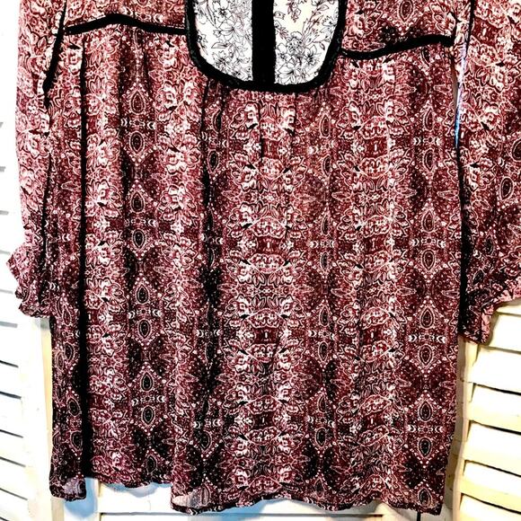Knox Rose Women's Size XS Oversized Sheer Maroon Bohemian Mini Tunic Boho Dress - Picture 5 of 15